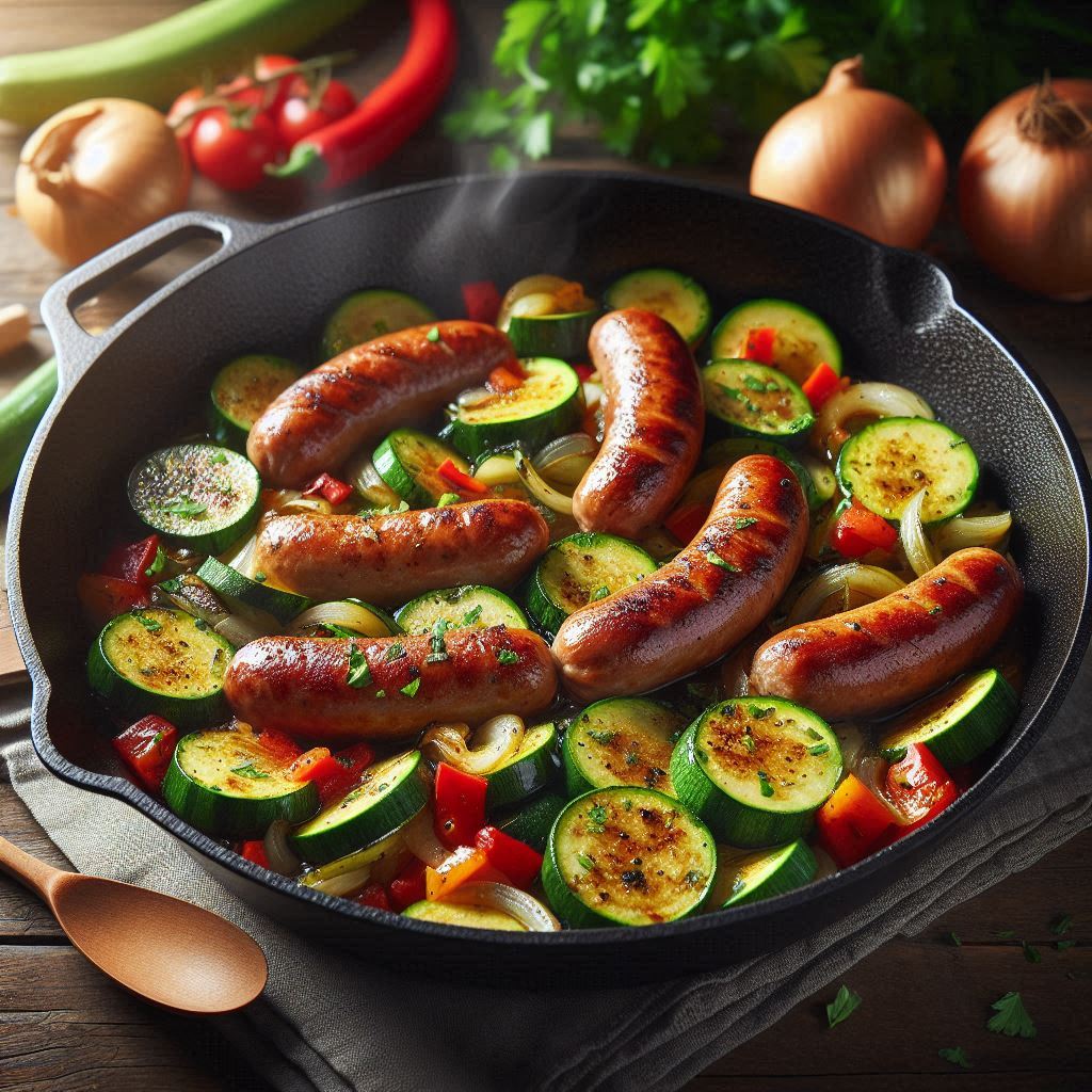 Golden-brown sausage slices, vibrant green zucchini half-moons, red bell pepper chunks, and onions sizzling in a cast-iron skillet. The dish is garnished with fresh parsley and cooked to perfection, giving it a rustic and hearty appearance