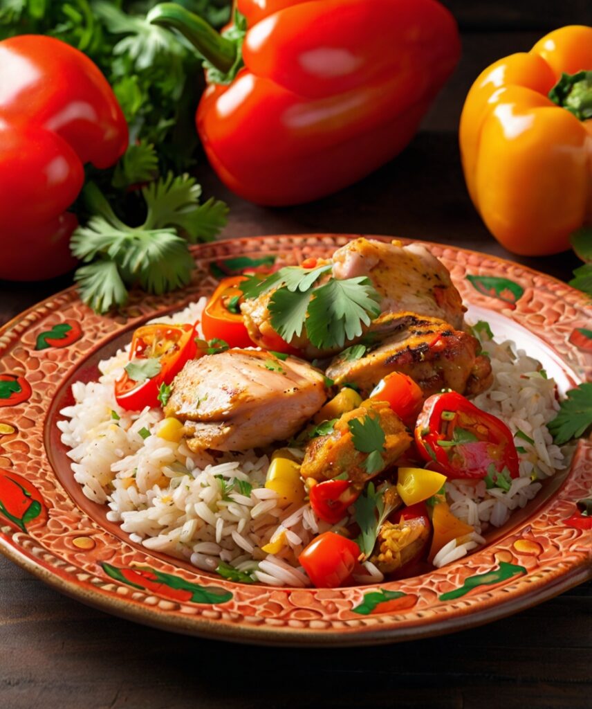 A plate of Arroz con Pollo with tender chicken, fluffy rice, bell peppers, tomatoes, and cilantro, served on a traditional Latin American ceramic plate