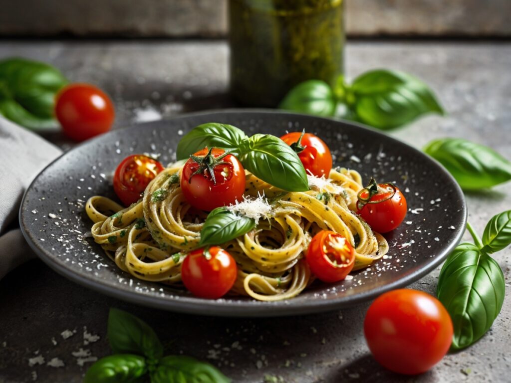 Plate of Pesto Pasta with Cherry Tomatoes, garnished with fresh basil leaves and grated Parmesan cheese