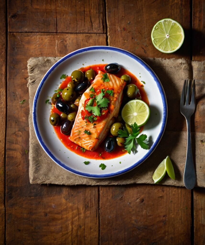 A vibrant plate of Pescado a la Veracruzana with a perfectly cooked fish fillet in a rich tomato-based sauce, garnished with olives, capers, and fresh herbs, served with lime wedges on a rustic wooden table.