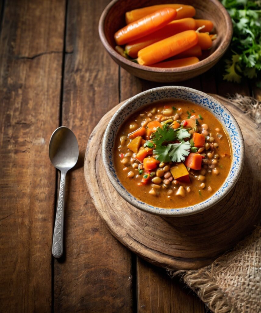 A vibrant and hearty bowl of Sopa de Lentejas featuring rich, earthy lentil soup with chunks of carrots, celery, and tomatoes, garnished with fresh cilantro, served in a rustic ceramic bowl on a wooden table.