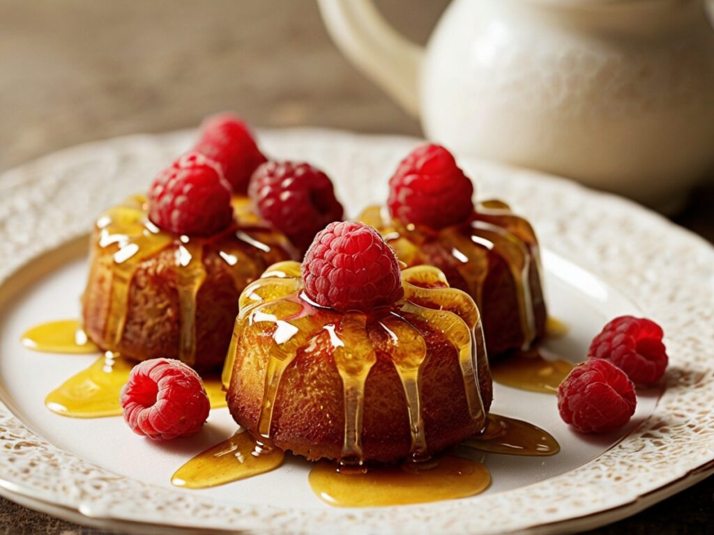 Mini bee-sting cakes topped with fresh raspberries on a white plate, drizzled with honey glaze recipe 