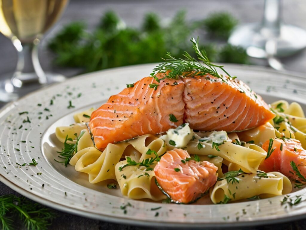 A beautifully plated dish of pasta with salmon and camembert, featuring creamy camembert sauce, bite-sized pieces of tender salmon, and garnished with fresh dill and Parmesan cheese. The plate is accompanied by a side of green salad and a glass of white wine.