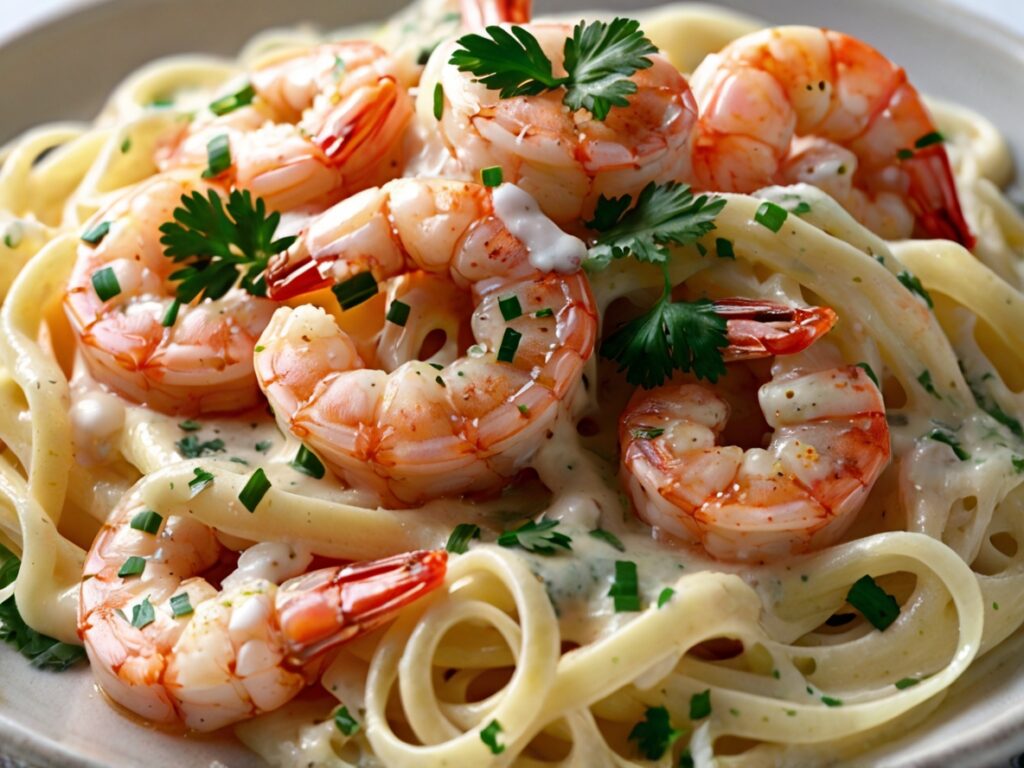 A close-up image of Creamy Dreamy Alfredo Shrimp served in a white ceramic bowl, garnished with freshly chopped parsley and grated Parmesan cheese.