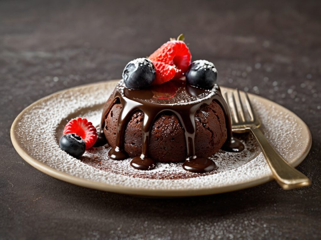 A close-up photo of a Decadent Chocolate Lava Cake served on a white plate. The cake is warm and moist with a gooey chocolate center, dusted with powdered sugar, and garnished with fresh raspberries and a scoop of vanilla ice cream