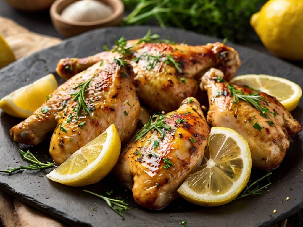 Golden-brown Zesty Lemon Garlic Chicken garnished with fresh herbs and lemon slices, showcasing tender and flavorful chicken pieces infused with citrus and aromatic garlic