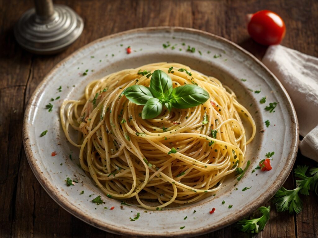 A plate of Spaghetti Aglio e Olio garnished with fresh parsley and red pepper flakes, served on a rustic wooden table