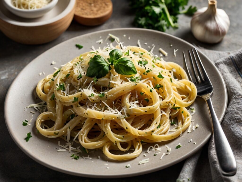 A delicious plate of creamy garlic Parmesan pasta garnished with fresh parsley and extra grated Parmesan, served on a warm plate with a fork twirling the pasta.