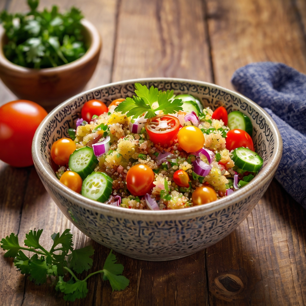 A colorful and vibrant bowl of quinoa salad with cherry tomatoes, cucumber, bell pepper, red onion, parsley, and a lemon dressing, beautifully arranged on a wooden table