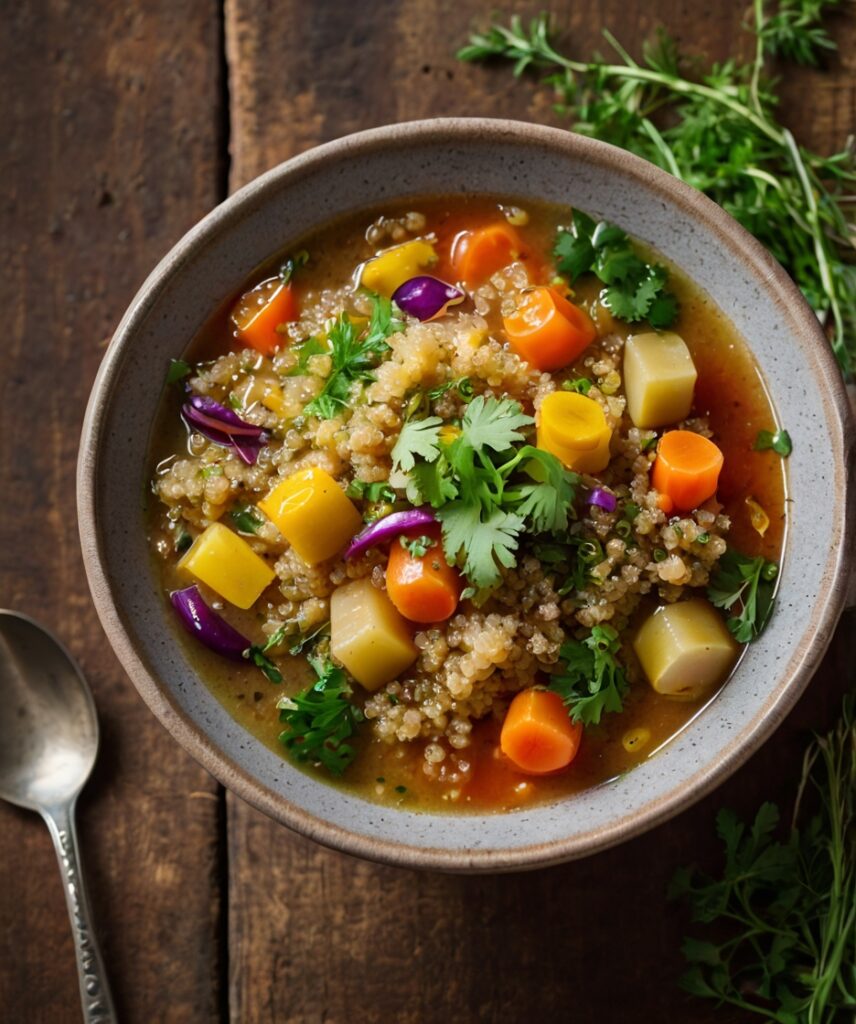 A bowl of Sopa de Quinoa with colorful vegetables, quinoa grains, and fresh herbs in a savory broth, served in a rustic bowl